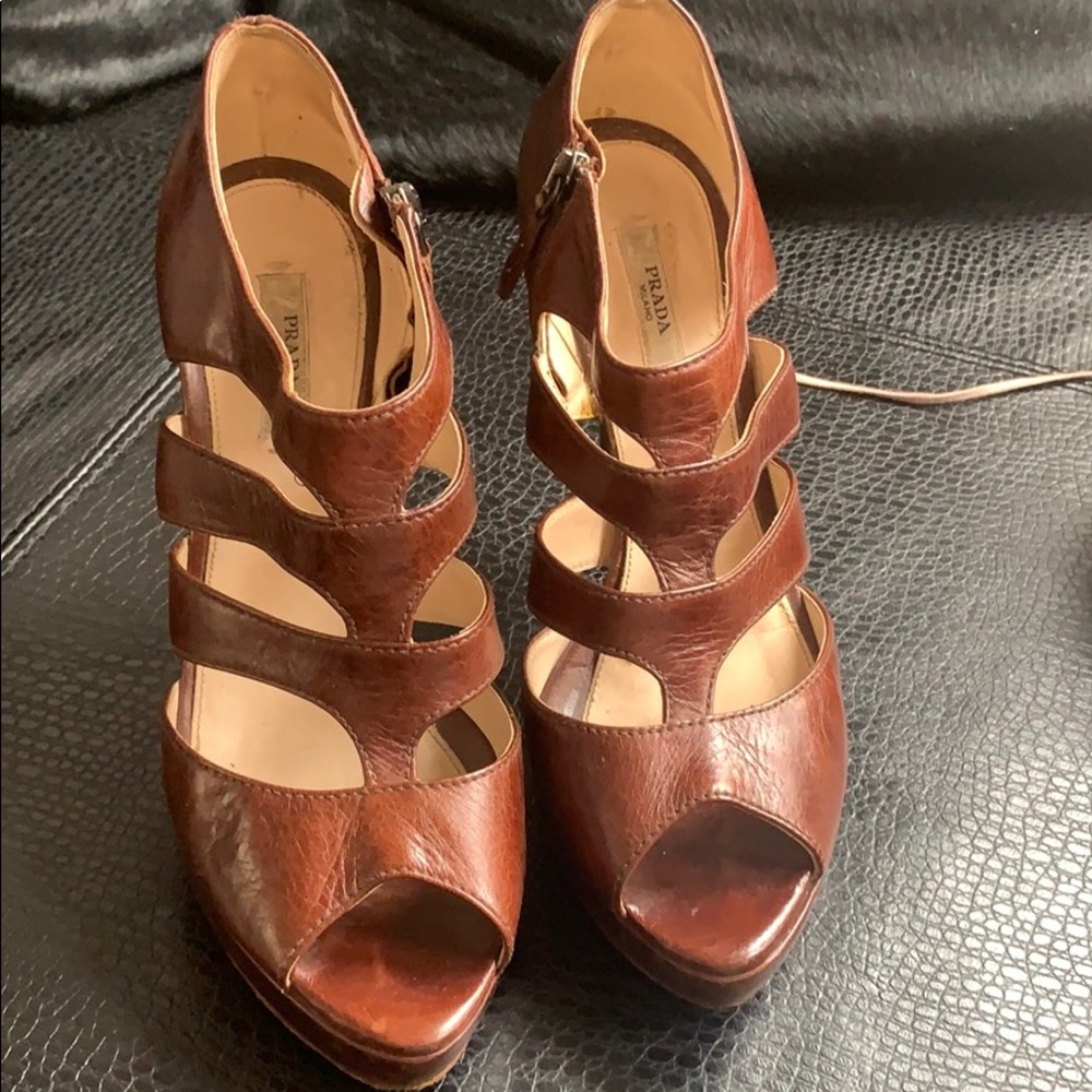Prada brown leather caged heels